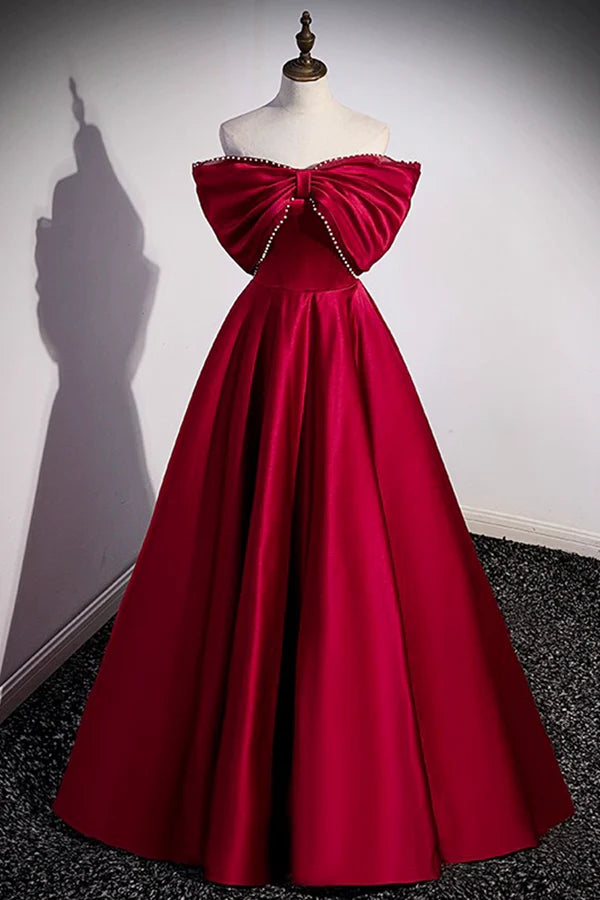 Wholesale Burgundy Satin Floor Length Prom Dress A-Line Off the Shoulder Evening Party Dress